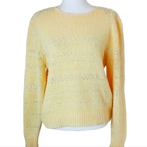 Vintage sweater round neck long sleeve flower trim pullover loose weave yellow L